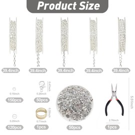 14K Silver Chains for Jewellery Making Kit Cable Link Chain Satellite Chain with Open Jump Ring Lobster Claw Clasps Jewelry Making Kit for Men Women Necklace DIY Craft