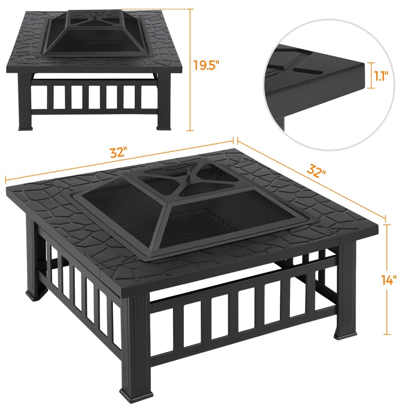Yaheetech Multifunctional Fire Pit Table 32in Square Metal Firepit Stove