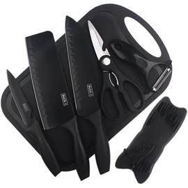 7-Piece Black Knife Set with Stand，Professional Kitchen Knife Set with Cutting Board