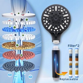KUZOR High Pressure filtered shower head-1+2 Handheld Shower Head with 1 shower head and 2 Filter,Chlorine Removal Water Softener Filters Beads for Hard Water with 6 Spray Modes- Matte Black