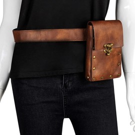 Waist Bag Belt Purse Fanny Pack Crossbody Motorcycle Hiking Phone Holder Wallet Vintage Leather Casual Fashion Daypack Gothic Festival Costume Hip Pouch for Women Men (Brown)