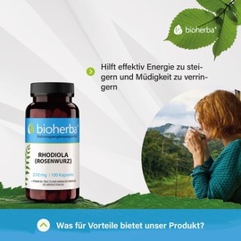 BIOHERBA - Rhodiola Rosea (Rosenwurz) 210 mg Hochdoisert, 100 Kapseln = 100 Tage – Mit Vitamin B6 - Unterstützt Nervensystem, Reduziert Müdigkeit, Adaptogene Eigenschaften, PZN 18217303