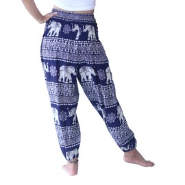 Aladdin Rayon Smock Waist Pants Pocket Straight Elephant in Line - Navy Blue XL