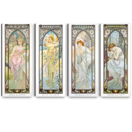 A&T ARTWORK The Times of The Day by Alphonse Mucha 4 Panel Wall Art for Home Decorations Giclee Canvas Print 30x12inch x4pcs(30x48inch)