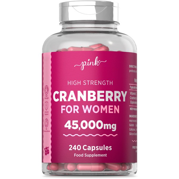 Cranberry Capsules 45000mg for Urinary Infections | 240 High Strength Capsules | with Vitamin C | by Pink