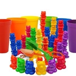 Skoolzy Rainbow Stacking Bears with Matching Sorting Cups 69 Piece Set, 60 Bear counters, Scissor Tongs, Rainbow Cups, Storage Bag, Sorting dice Game