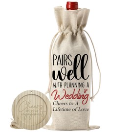 Burlap Wine Bags With Drawstrings & Wood Coaster-Pairs Well With Planning A Wedding-Cheers to a lifetime of love Bottle Bags-Reusable Wine Gift Bags For Bridal Planning Wedding Favors & Supplies-A03