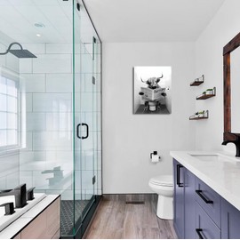 Bathroom Decor Wall Art, Humor Animals Bathroom Artwork, Myopic Eye Highland Cow Canvas Print Wall Art, Black and White Wall Art Decor, Modern Wrapped Canvas Painting Picture Prints Ready to Hang 16"x20"