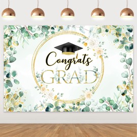 Greenery Graduation Backdrop Congrats Grad Class of 2025 Backdrop Green Golden Leaves Watercolor Floral Photography Background for Celebration Graduate Prom Party Supplies Photo Booth Props 5x3ft