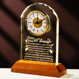 Arikyrist Happy 60th Birthday Glass Clock Gifts for Women, Men - 60 Year Old Birthday Gift with Wooden Light Base for Her Him, Turning 60 Quartz Clock Gift Idea for Mom Dad Unique Keepsake