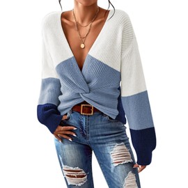 Pink Queen Women's Fashion Long Sleeve Color Patchwork Crop Wrap Sweater Trendy V Neck Loose Fit Twist Knot Pullover Jumper Tops Blue XL
