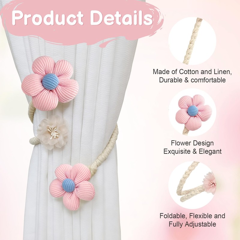 Flower Curtain Tiebacks 2 Pack, Boho Curtain Holdbacks with Adjustable