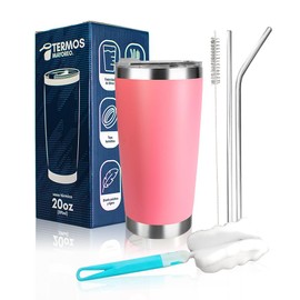 Vaso térmico de 20 oz – Acero inoxidable 18/8 con doble pared, mantiene bebidas frías y calientes, incluye 2 popotes de acero, cepillo limpiador, tapa a prueba de fugas y base de fácil agarre (rosa)