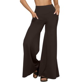 OQQ Yoga Pants Women High Waist Stretch Soft Casual Wide Legging Bottoms with Pockets Darkbrown