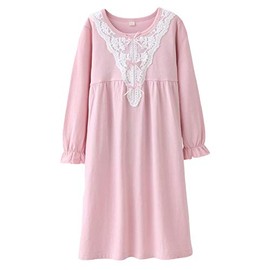 Big Girls' Princess Nighties Lace Sleep Shirts Long Sleeve Solid Pink 8