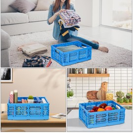 PAG-Mass Heavy Duty Plastic Milk Crates for Storage, 4-Pack Stackable Storage Bins for Organizing, Collapsible Storage Basket with Handle for Groceries, Suitable for Home Office School Store, Blue