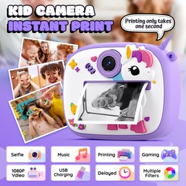 YOZISS Instant Camera Children with Music & Games, 1080P Children's Camera with Instant Print, 32G Card & 3 Printing Paper Rolls, Digital Camera Children's Toy Gifts for Boys & Girls from 3-12 Years