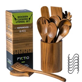 18 PCS Acacia Wooden Spoons for Cooking - Heat-Resistant, Comfort Grip,Easy to Clean, Non-stick Friendly - Kitchen Utensil Set with Holder, Spoon Rest & 6 Hooks, Ideal for Gifting