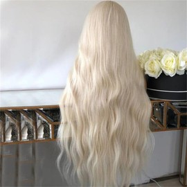 AimeileMiss Platinum Blonde Lazy Wave Lace Front Long Wavy Glueless Synthetic Hair Heat Resistant Fiber Pre plucked Wig with Baby Hair For Black Women 24inch