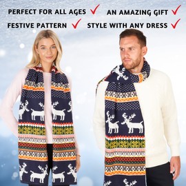 LOVARZI Christmas Scarfs For Men And Women - Navy Blue Reindeer And Snowflake Xmas Scarf - Knitted Warm Winter Long Ladies Christmas Scarves Festive Themed Gifts Present on Christmas