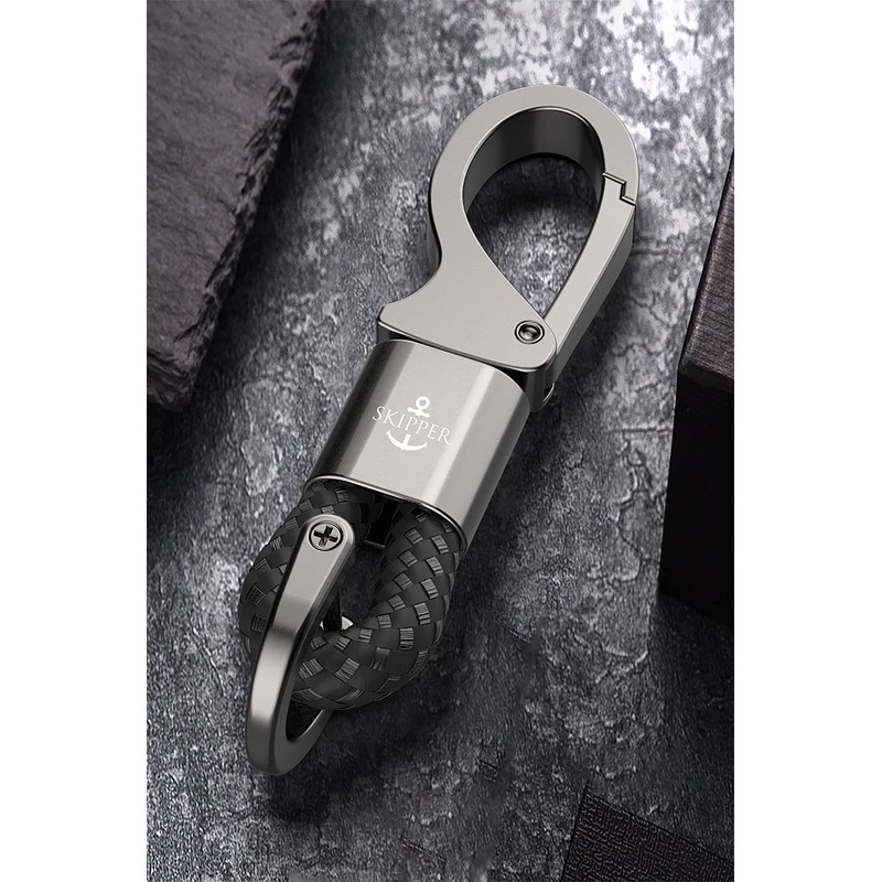 SKIPPER 8747 Keyring Carabiner with Ring and D-Clip, Leatherette stainless