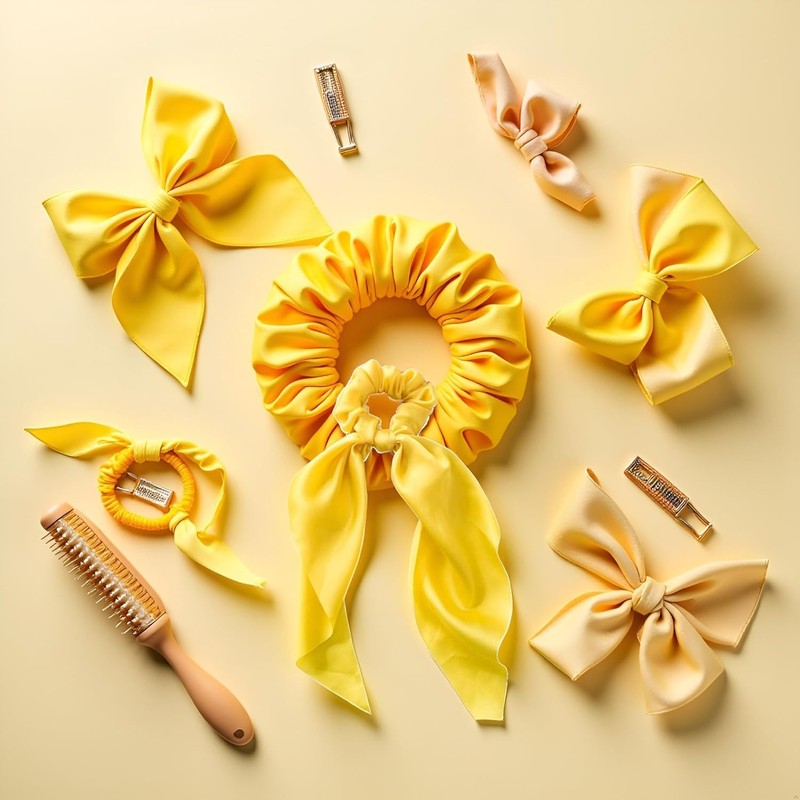 3Pcs Yellow Bow Scrunchies, Satin Ribbon Ponytail Hair Tie, Rope