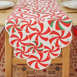 Christmas Table Runner Candy Cane Swirl Lollipops Red Table Decoration for Home Seasonal Winter Xmas Holiday Indoor Kitchen Dining Decor 13x90 Inch