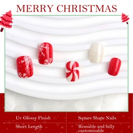 BFY Christmas Press on Nails Short Square Fake Nails, Candy Snowflakes Xmas Red Acrylic Nails Kits, Silver Glitter Glossy False Nails Glue on Nails for Women Winter New Year Nail Art Manicure 24Pcs