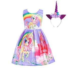 Lito Angels Unicorn Dress Costume with Headband for Children Girls, Little Pony Princess Summer Dress Birthday Children's Clothing, Size 6-7 Years 122, Style C - Purple