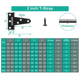BUXIMN 6 Pack T Hinge, 2inch Mini Door Hinges Outdoor Gate Hinge Shed Hinges Black Strap Barn Door Hinges Fence Hinges (2", 6pcs)