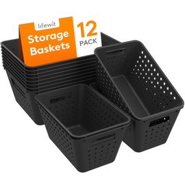 Lifewit Plastic Storage Basket, 12 Pack Stackable Storage Bins for Organizing, Multi Size Open Containers for Shelving, Pantry, Office and Cabinet, 8 Large and 4 Small Size, Black