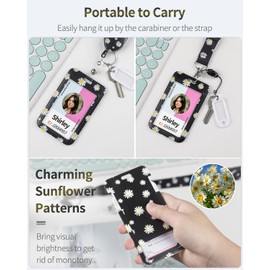 Uniclife Floral Sliding Badge Holder White Flower Plastic Black Case with Retractable Badge Reel Carabiner Clip and Detachable Lanyard Strap