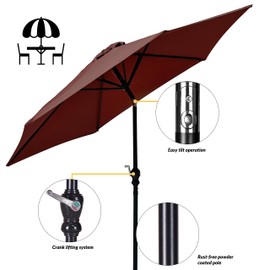 Elevon 9' Outdoor Patio Umbrella, Market Striped Umbrella with Push Button Tilt and Crank, Burgundy