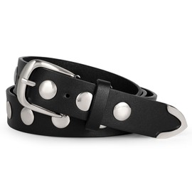 LEACOOLKEY Women's Fashion Leather Belt Women Belt for Jeans Dress Women's Punk Leather Belt Women Rivets Leather Belt Women's Vintage Belt, B-Black(Silver Buckle)