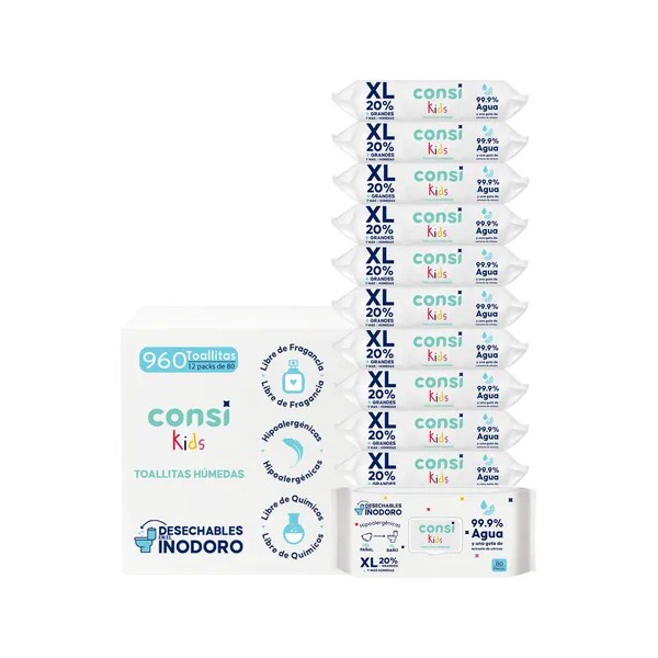Consi Toallitas Húmedas Bebé Desechables Inodoro 12 Paquetes