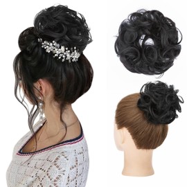 SLEEKALON Human Hair Messy Bun Hair Piece 100% Real Curly Wavy Hair Bun Scrunchies for Women Chignon Updo Black Hair Bun Extensions Elegant Donot Thick Bun Hairpiece with Elastic Band (Jet Black)