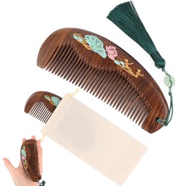Wooden Hair Comb,Fine Tooth Sandalwood Comb Hair Comb,No Static No Snag Wood Combs with Tassels and Gift Bag(Lotus Flower Gold Drawing)
