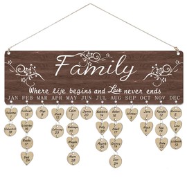 FAMIONE Gifts for Parents Wooden Birthday Reminder Calendar Plaque Board Wall Hanging for Family Decor [100 Wood Tags with Holes/Family Sayings Pattern]