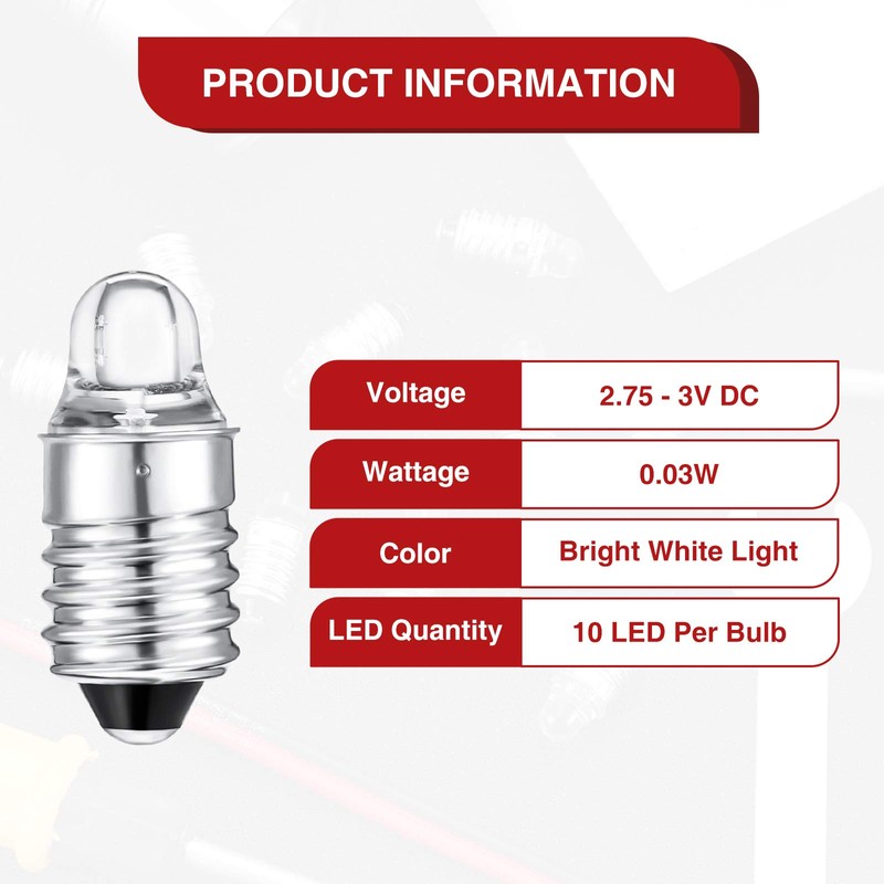 10 Pieces E10 LED Bulbs 3 Volt Miniature Flashlight Bulbs