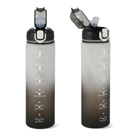 Sportflasche 1L Trinkflasche mit auslaufsicherem Design - BPA-frei mit Trinkhalm Zeitmarkierung für Fitness Radfahren Yoga Büro Schule Outdoor