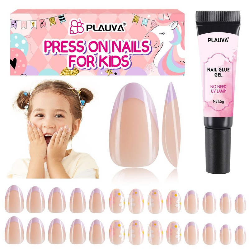 Plauva 26 uñas postizas para niños, diseño de margaritas moradas