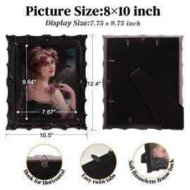 Comfymon 8x10 Vintage Photo Frames, Black Hand-Crafted Resin Photo Frame with Easel & Hook, Home Ornament for Tabletop or Wall Mount