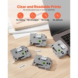 VEVOR Label Maker Tape, 4 Pack, 0.47 in / 12 mm Black on White Label Maker Refills Compatible for Various Types of Brother P-Touch Labelers, Durable & Long-Lasting, Replacement for Letra Tag TZe-231