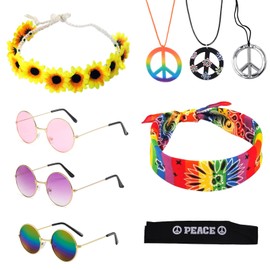 TSHAOUN 9 Piece Retro Dress Up Hippie Costume Set with Peace Sign Necklace Necklace, Round Sunglasses, Sunflowers and Colourful Hippie Headband, for 70s 80s Fashion Theme Party (Pack of 9)