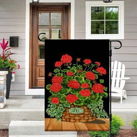 Fukeen Welcome Red Flower Garden Flag Double Sided 12.5x18 Inch Black Background with Geranium Poppy Floral Green Leaves Plants Farmhouse Decorations Vertical Yard Outdoor Flags