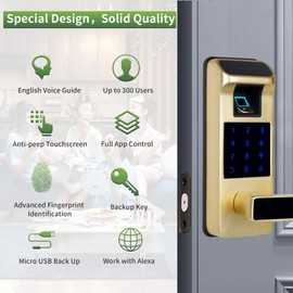 Harfo Smart Door Lock, Heavy Duty 5 in 1 Keyless Entry Door Lock, Full App Control Digital Keypad Lock, Reversible Handle with Fingerprints and Passcodes for Family/Office/Apartment (Gold)
