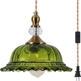 DHDSOUR Plug in Hanging Light. Green Glass Retro Chandelier. Bedroom, Living Room, Dining Room, Corridor, Foyer, Kitchen Island. Comes with 14.7-Foot Cord for on/Off