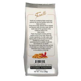 Taralli with Olive Oil and Hot Pepper from Puglia, Italy. (Pack of 2), 7 oz All Natural Ingredients: wheat flour, white wine, olive oil, extra virgin olive oil, salt