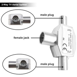 Youmile 2 Pieces TV Splitter 2 Way TV Aerial Splitter Coaxial Male Digital Signal Antenna Splitter with TV Male/Female Male Female to Female/Male to Male TV Coupler Plug