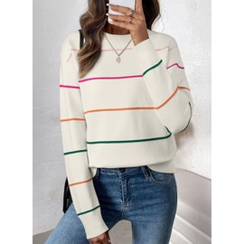 SHEWIN Fall Tops for Women 2025 Casual Crewneck Sweaters for Women Lightweight Womens Tops Long Sleeve Striped Sweater Womens Fall Fashion 2025 White X-Large